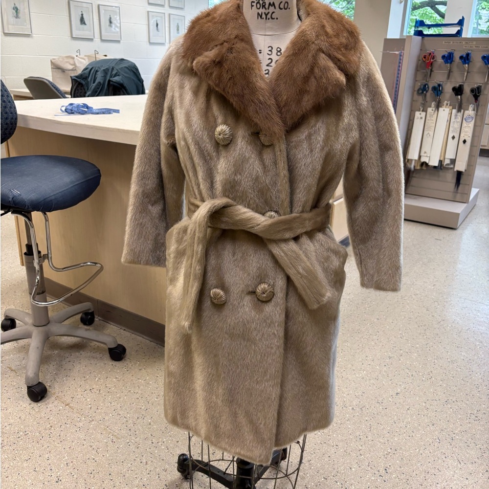 Cream and Pink Lined Real Mink Fur-Trimmed Women's Double Breasted Coat